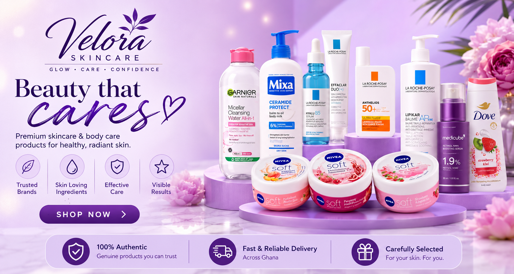 Velora Beauty That Cares skincare banner